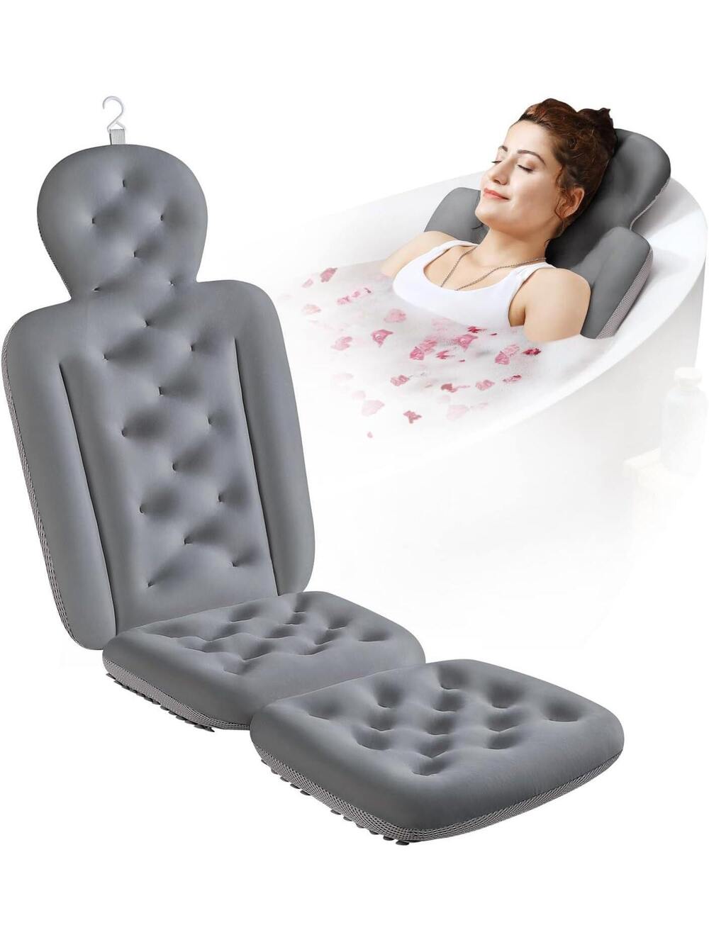 Full Body Bath Pillow by Luxury Spa - Thick 51"x16" Gray Tub Cushion